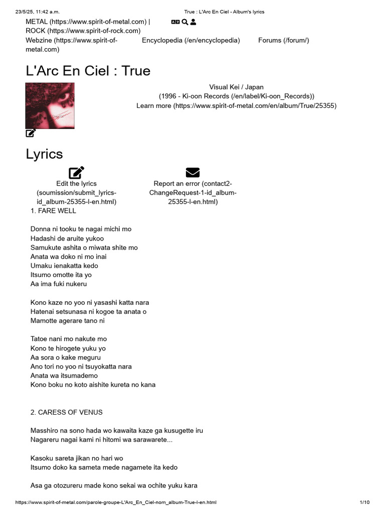True - L'Arc en Ciel - Album's Lyrics | PDF