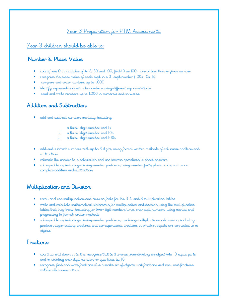 Year 3 PTM Maths Assessment Guide | PDF | Multiplication | Numbers