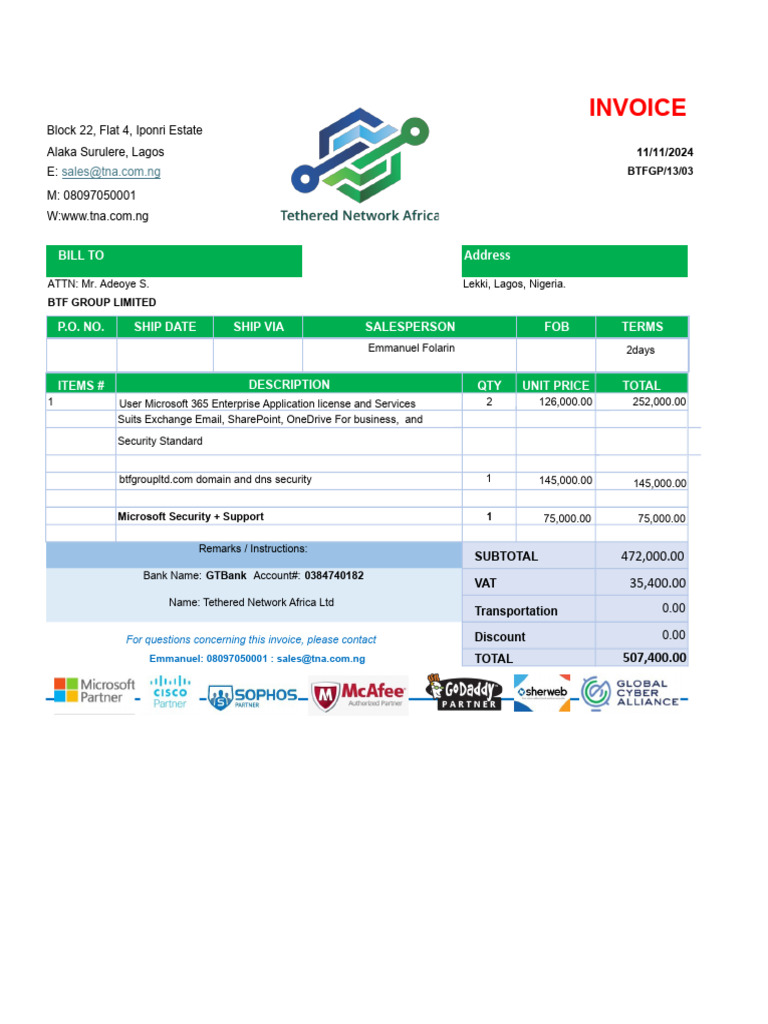 Invoice for Microsoft 365 Services | PDF