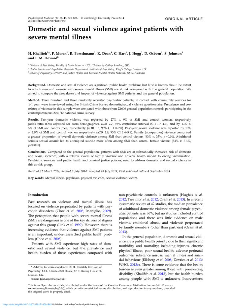 Domestic and Sexual Violence Against Patients With Severe Mental ...