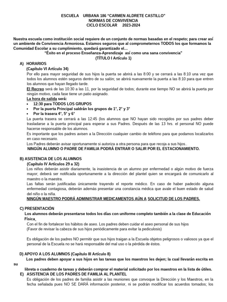 Normas de Convivencia Escolar 2023-2024 | PDF | Escuelas