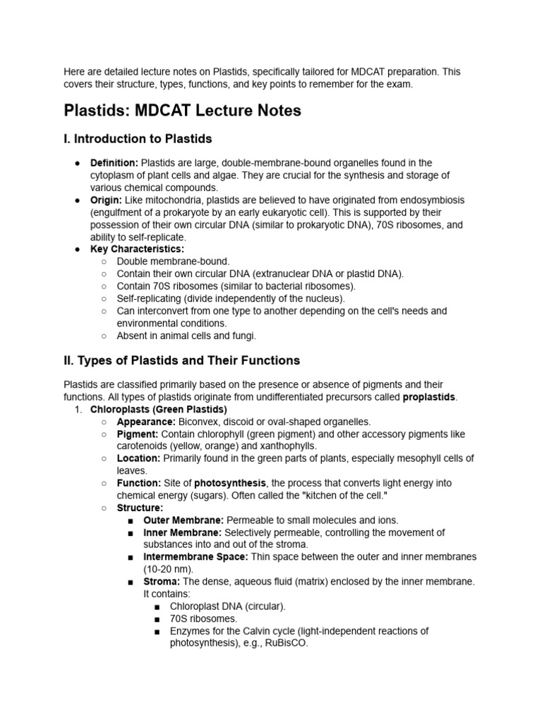 Plastids: MDCAT Study Guide | PDF | Chloroplast | Photosynthesis
