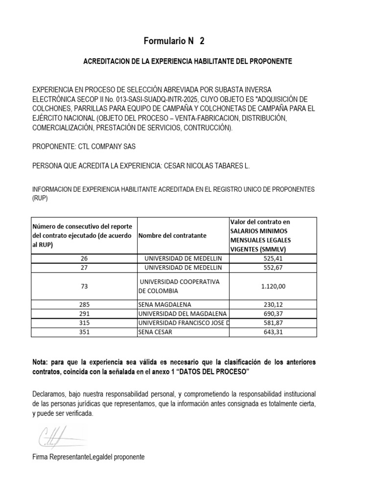 Acreditación de Experiencia Proponente CTL | PDF