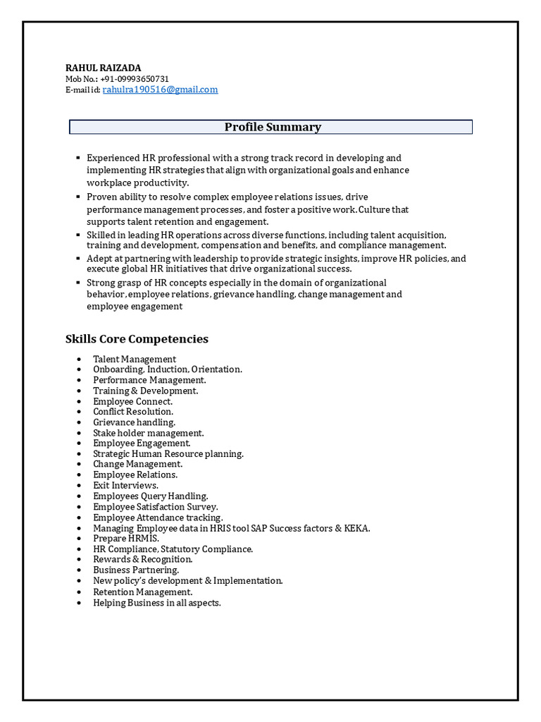 Senior HR Manager Profile Summary | PDF | Employee Retention | Human ...
