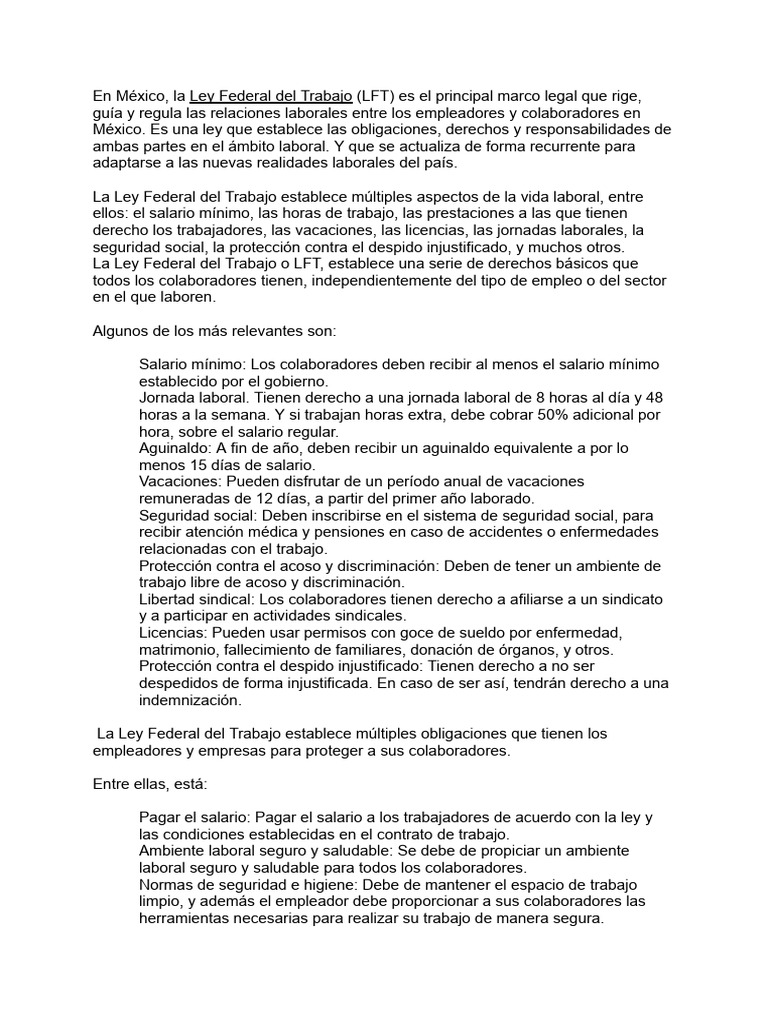 Derechos Laborales en México: LFT | PDF | Derecho laboral | Salario