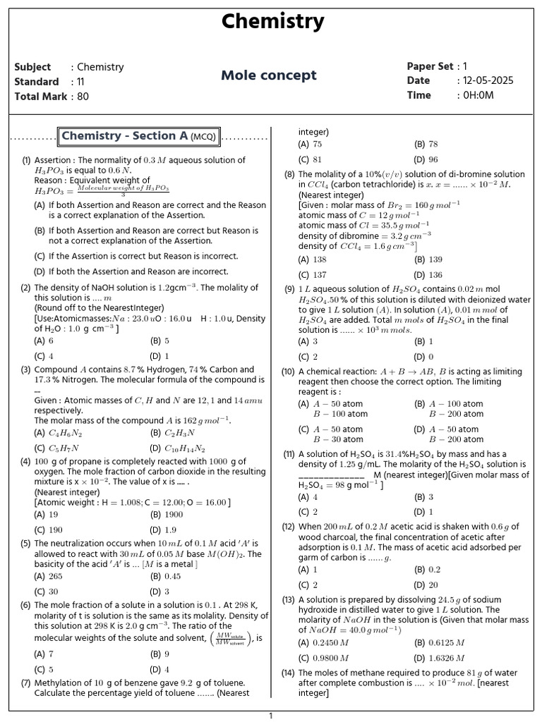 MCQs on Mole Concept for Chemistry 11 | PDF | Mole (Unit) | Chemistry