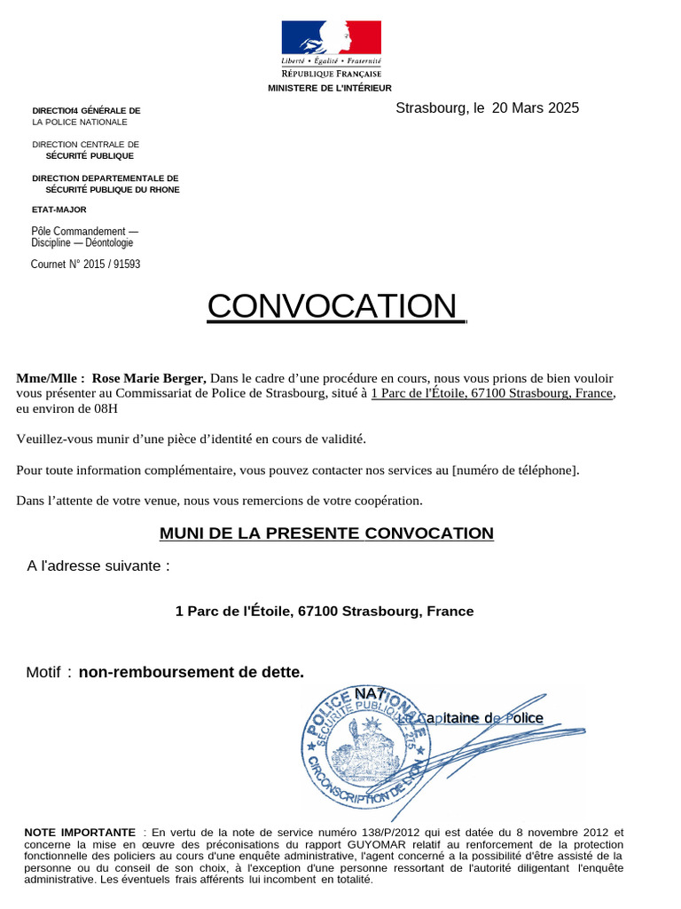 Convocation au Commissariat de Strasbourg | PDF