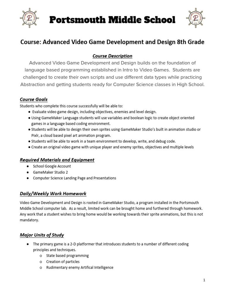 WSP - Advanced Video Game Development and Design Syllabus 8th Grade ...