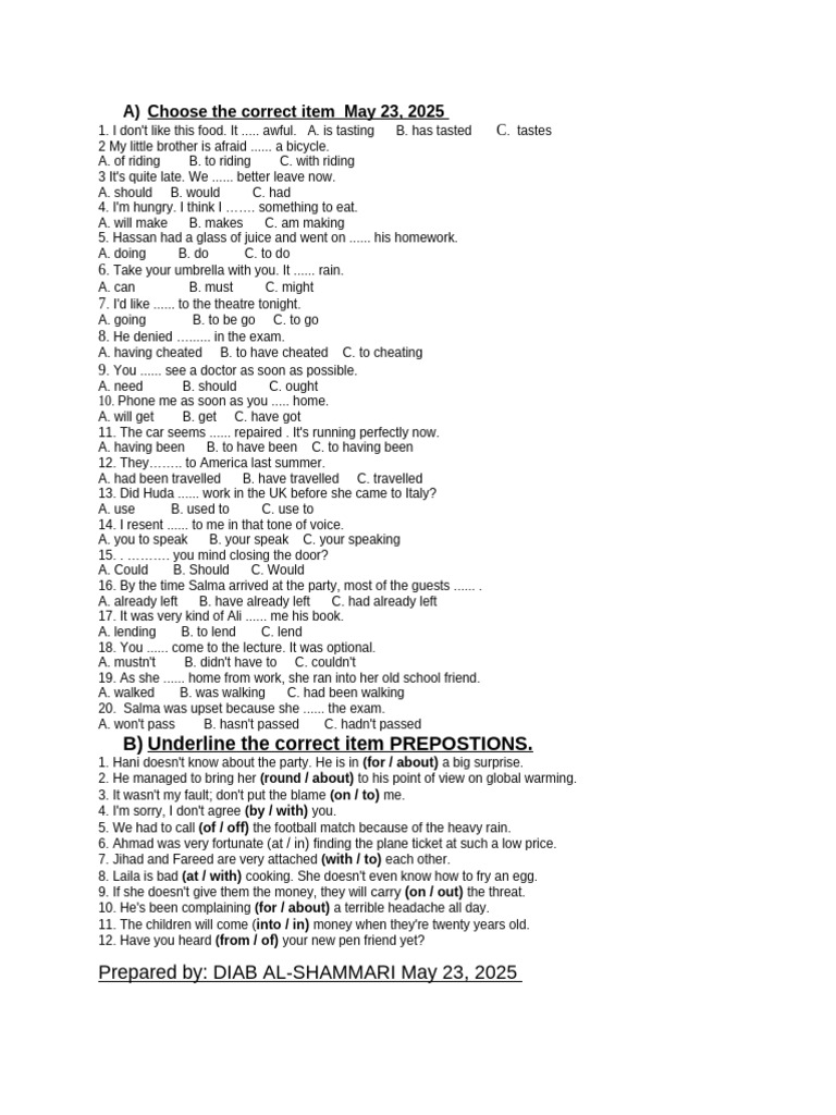 English Grammar Quiz: Choose Correct Answers | PDF