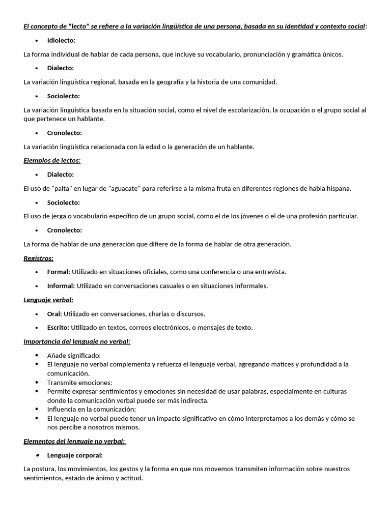 Variaciones del lenguaje: lectos y registros | PDF | Comunicación no ...