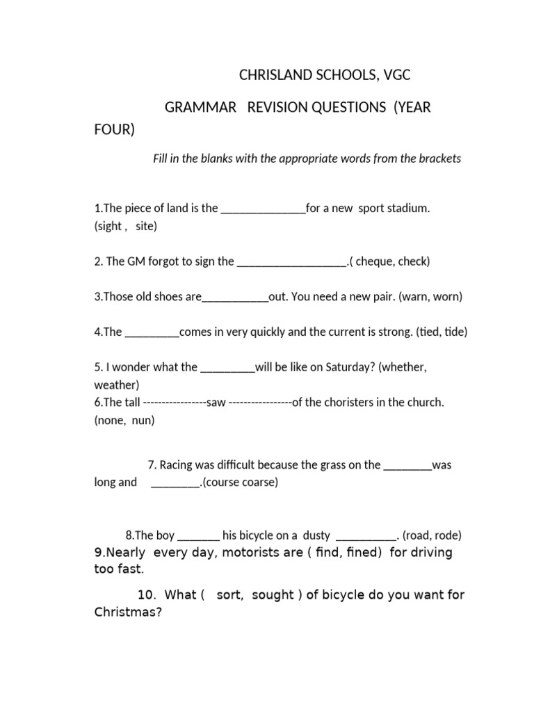Year Four Grammar Revision Questions | PDF