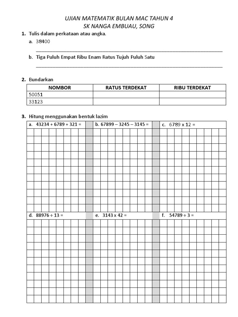 Ujian Matematik Bulan Mac Tahun 4