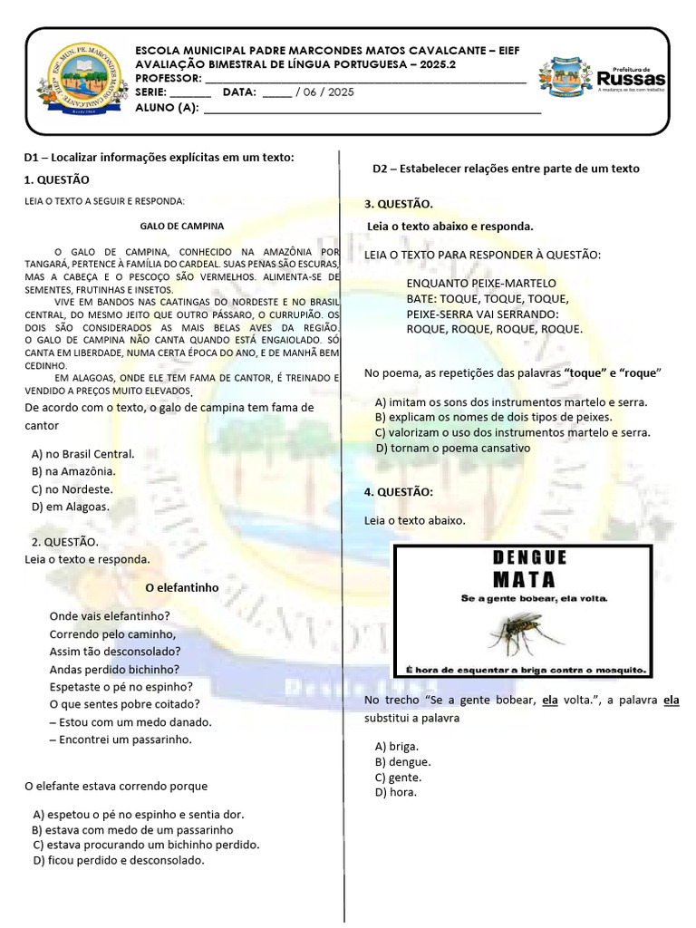 Avaliação Bimestral de Língua Portuguesa 2025.2 | PDF | Cães