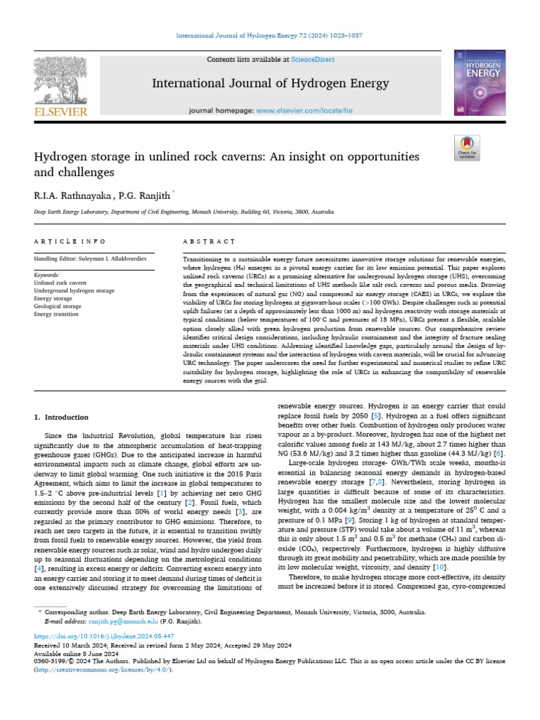 Hydrogen Storage in Unlined Rock Caverns | PDF | Greenhouse Gas ...
