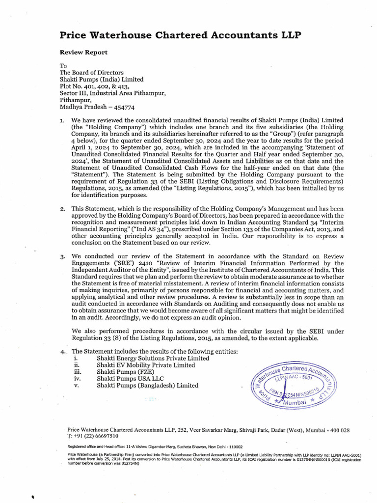 Shakti Pumps Q2 2024 Financial Review Report | PDF | Audit | Accounting