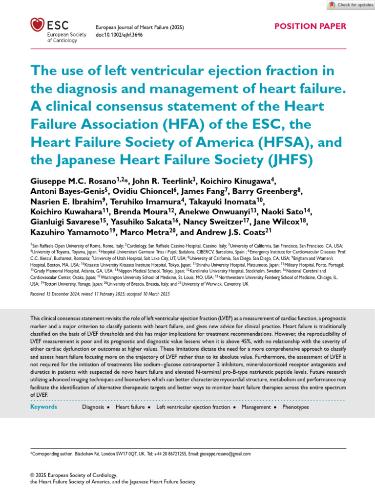 European J of Heart Fail - 2025 | PDF | Heart Failure | Ejection Fraction