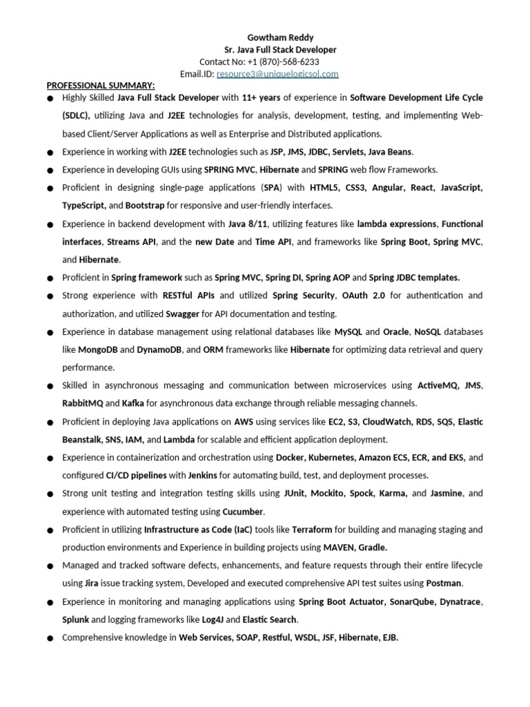 Senior Java Full Stack Developer Resume | PDF | Spring Framework | Java ...