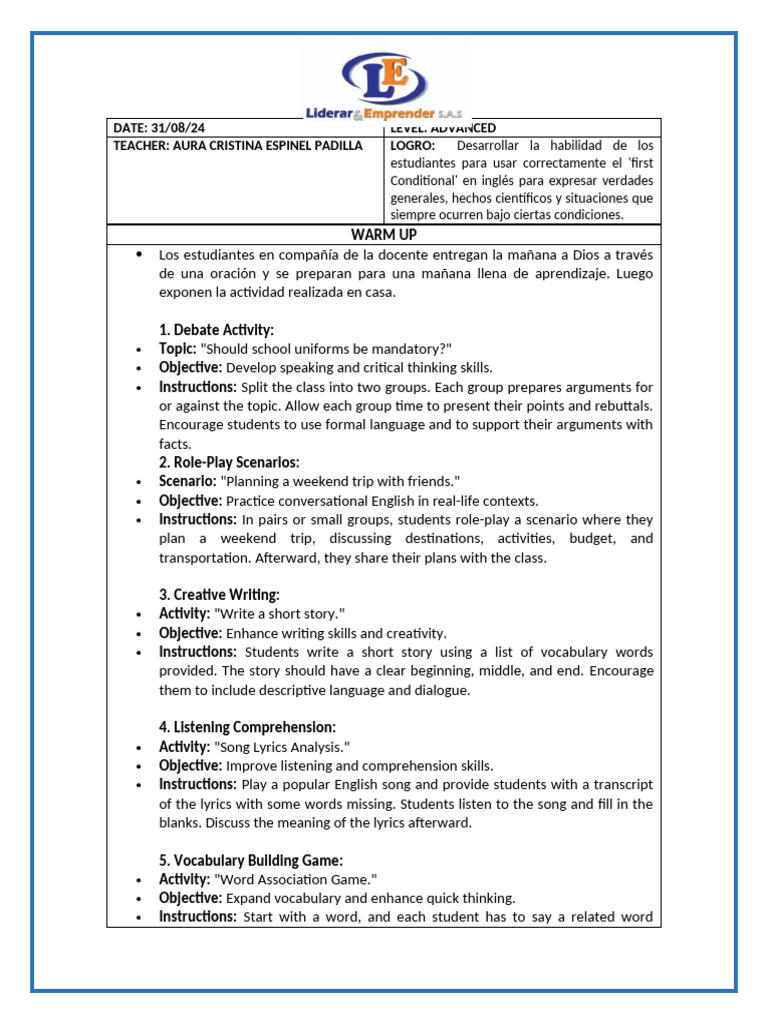 Advanced English Class Activities Guide | PDF | Cognitive Science ...