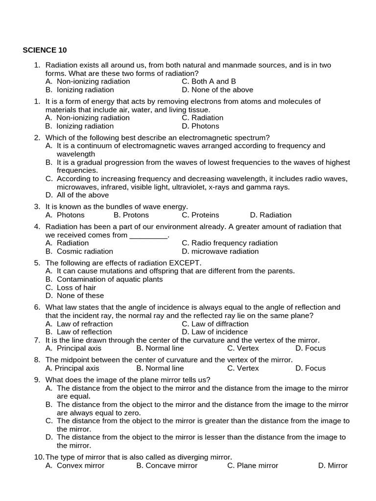 Science 10 Summative Test | PDF | Electromagnetic Radiation | Mirror