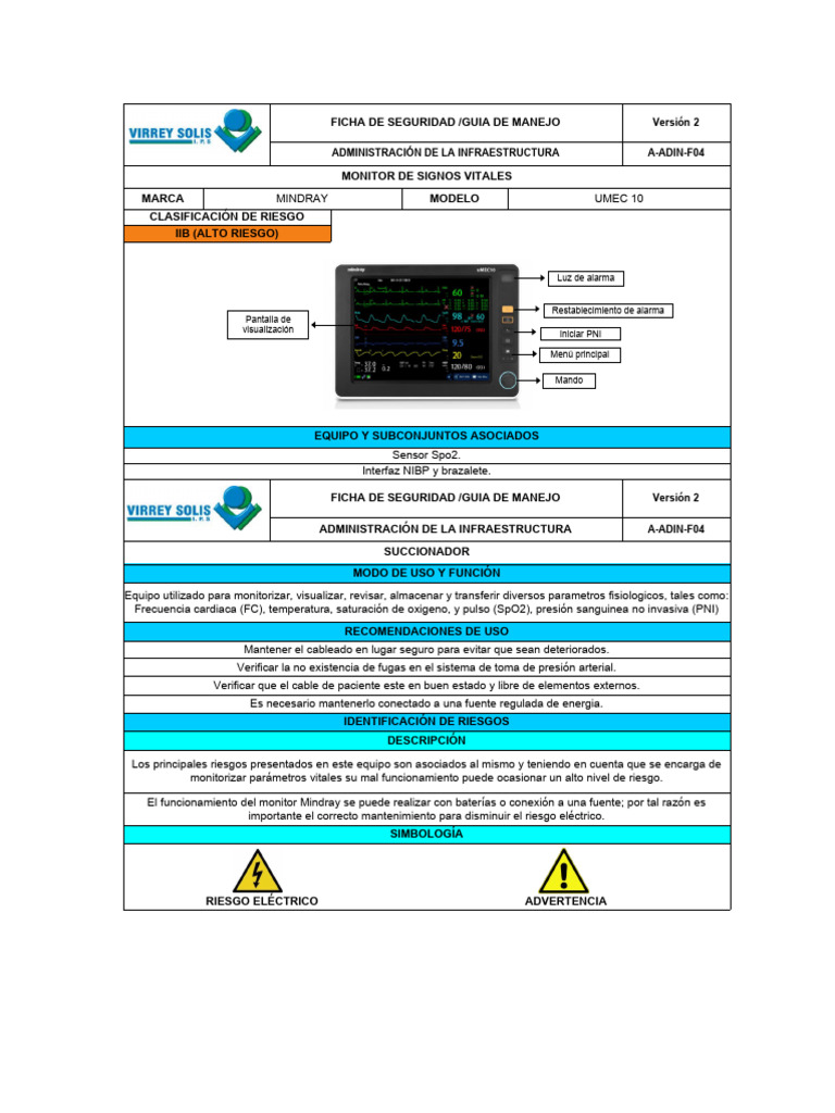 Ficha de Seguridad Monitor UMEC 10 | PDF | Presión sanguínea