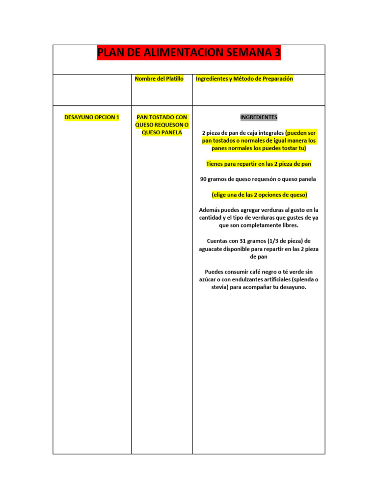 Plan de Alimentación Semanal 3 | PDF | Alimentos | Cocina