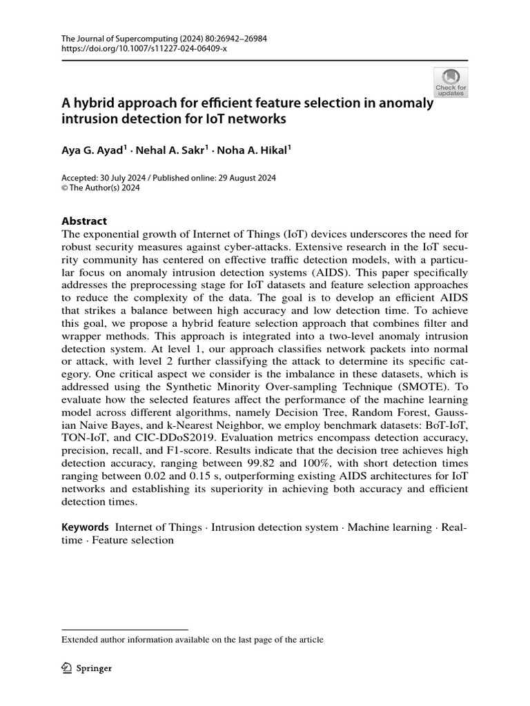 Hybrid Feature Selection for IoT IDS | PDF | Internet Of Things ...