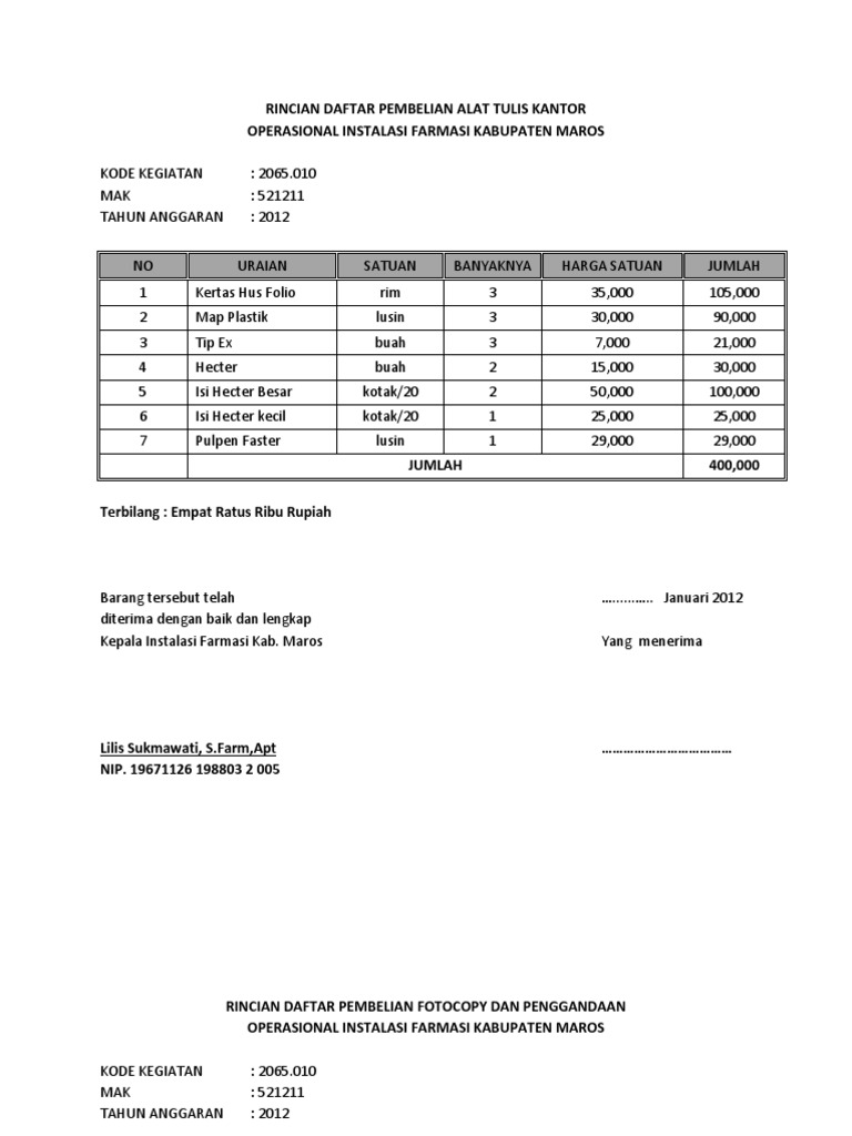 Rincian Daftar Pembelian Alat Tulis Kantor