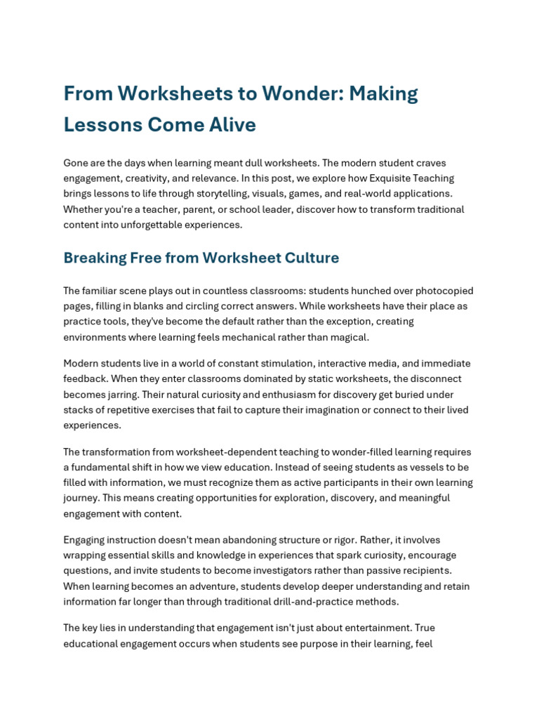From Worksheets to Wonder Making Lessons Come Alive | PDF | Learning ...