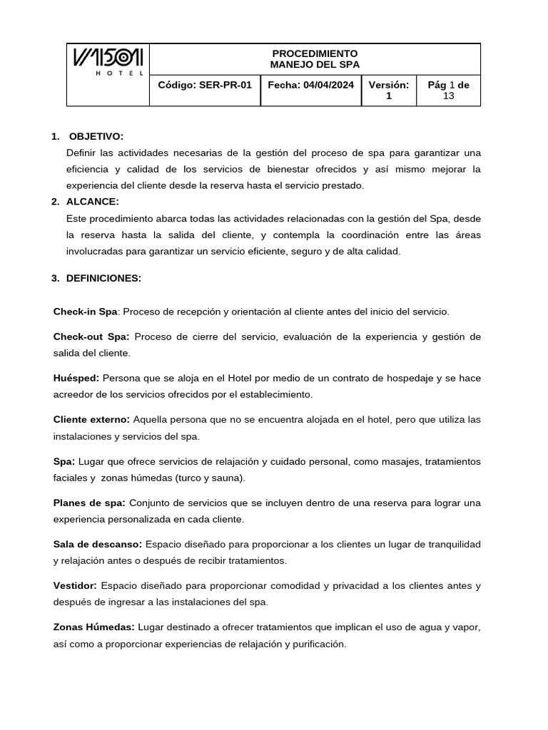 Procedimiento de Manejo del Spa | PDF | Masaje | Hotel