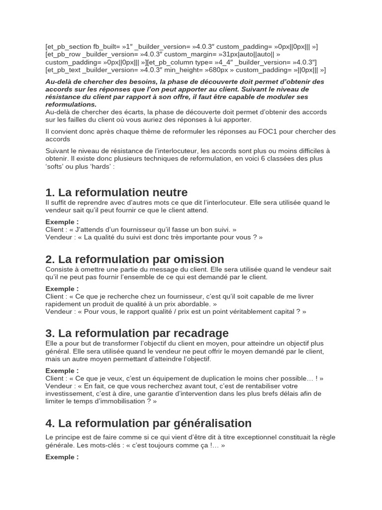 Techniques de Reformulation en Vente | PDF | la communication | Phrase