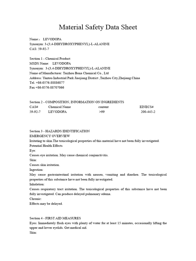Levodopa MSDS Overview | PDF | Personal Protective Equipment ...