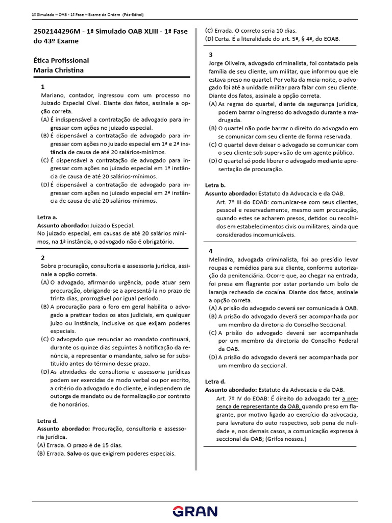 Simulado OAB 1ª Fase: Questões e Respostas | PDF | Emenda ...