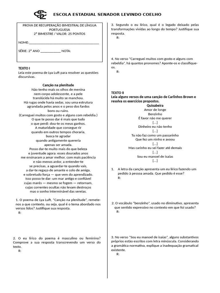 Prova de Língua Portuguesa 2º Ano | PDF | Gramática | Pronome