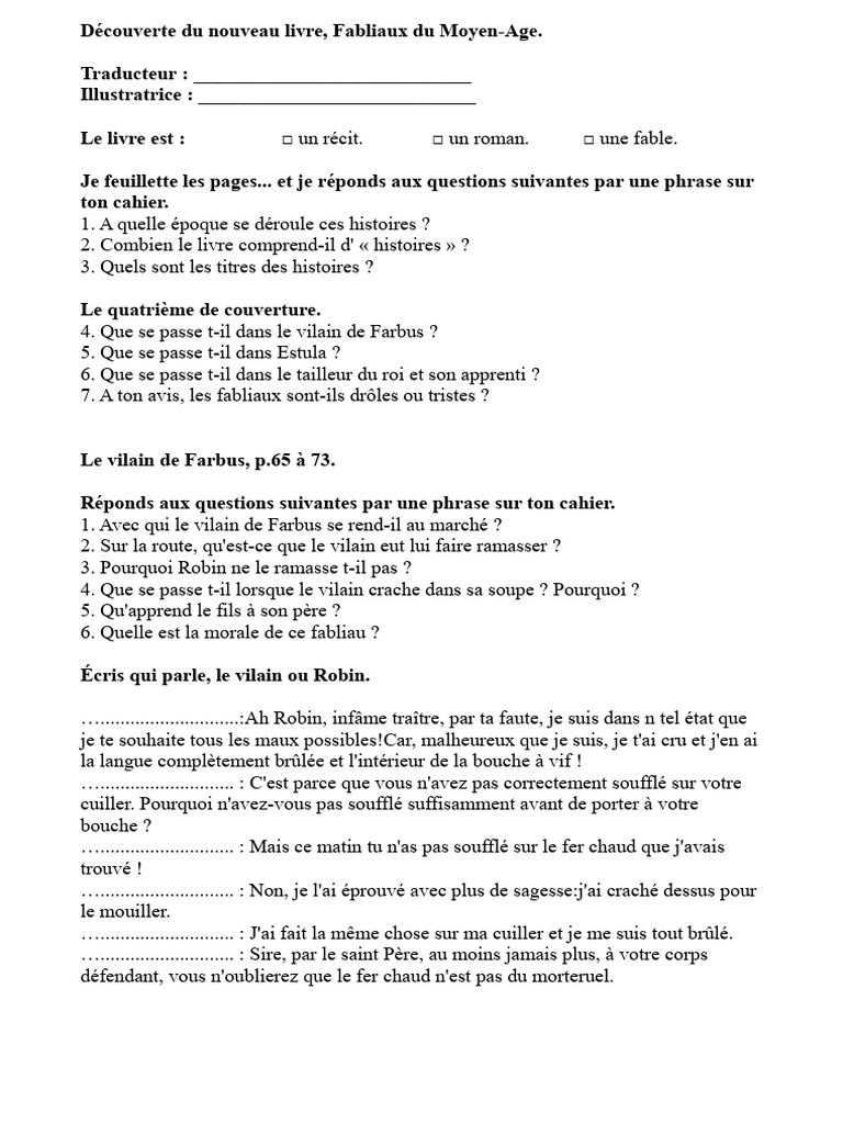 Fabliaux du Moyen Âge : Résumé et Morale | PDF