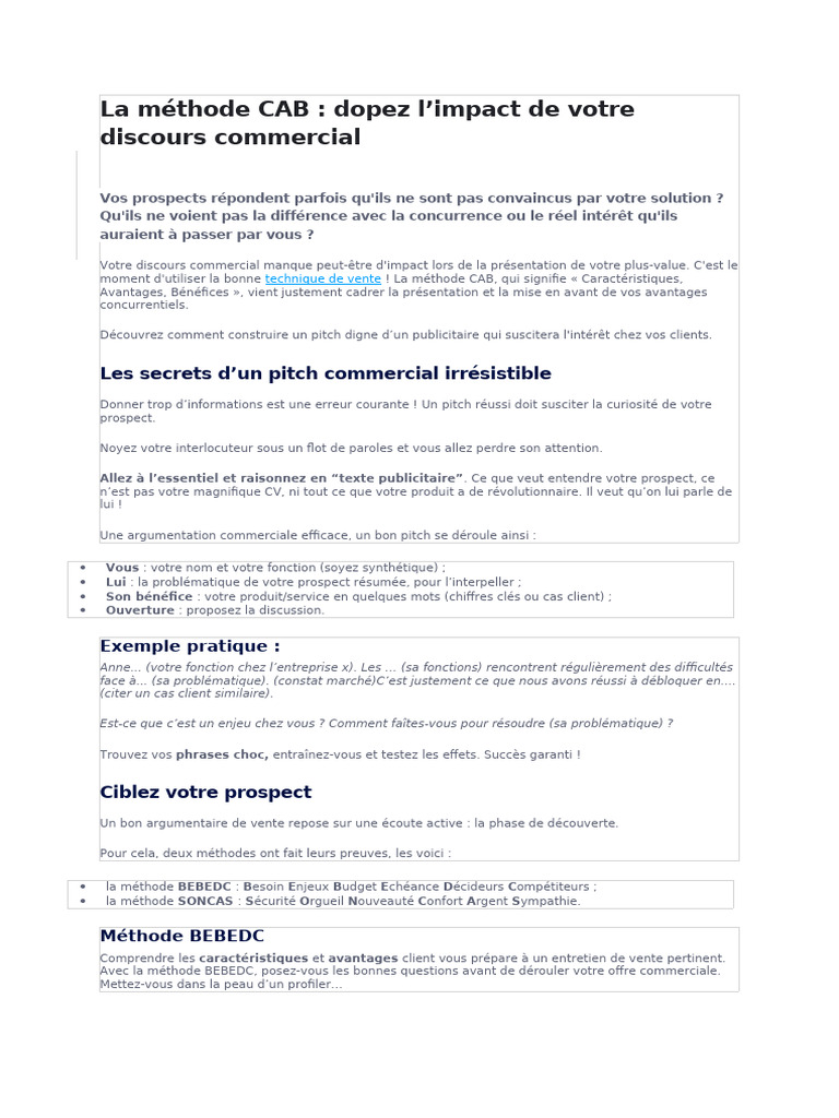 Impact de la méthode CAB en vente | PDF | Gestion de la relation client