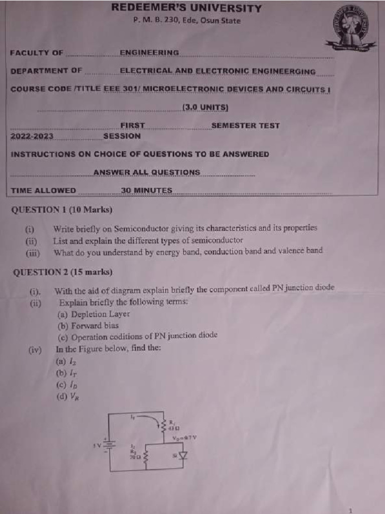 EEE 301 2022 - 2023 Test and Exam Questions | PDF