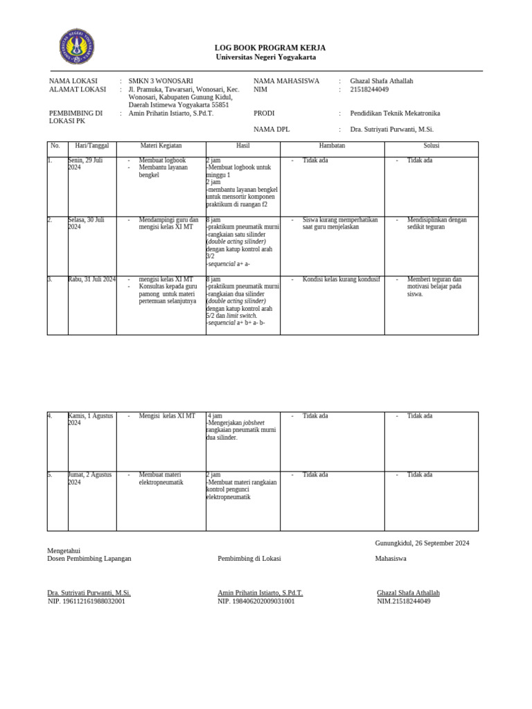 Log Book PK Mahasiswa Teknik Mekatronika | PDF