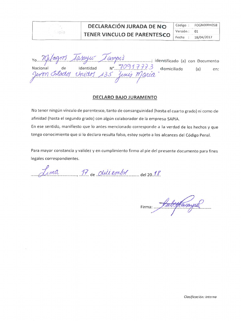 Declaracion Jurada de No Tener Vinculo Parentesco | PDF