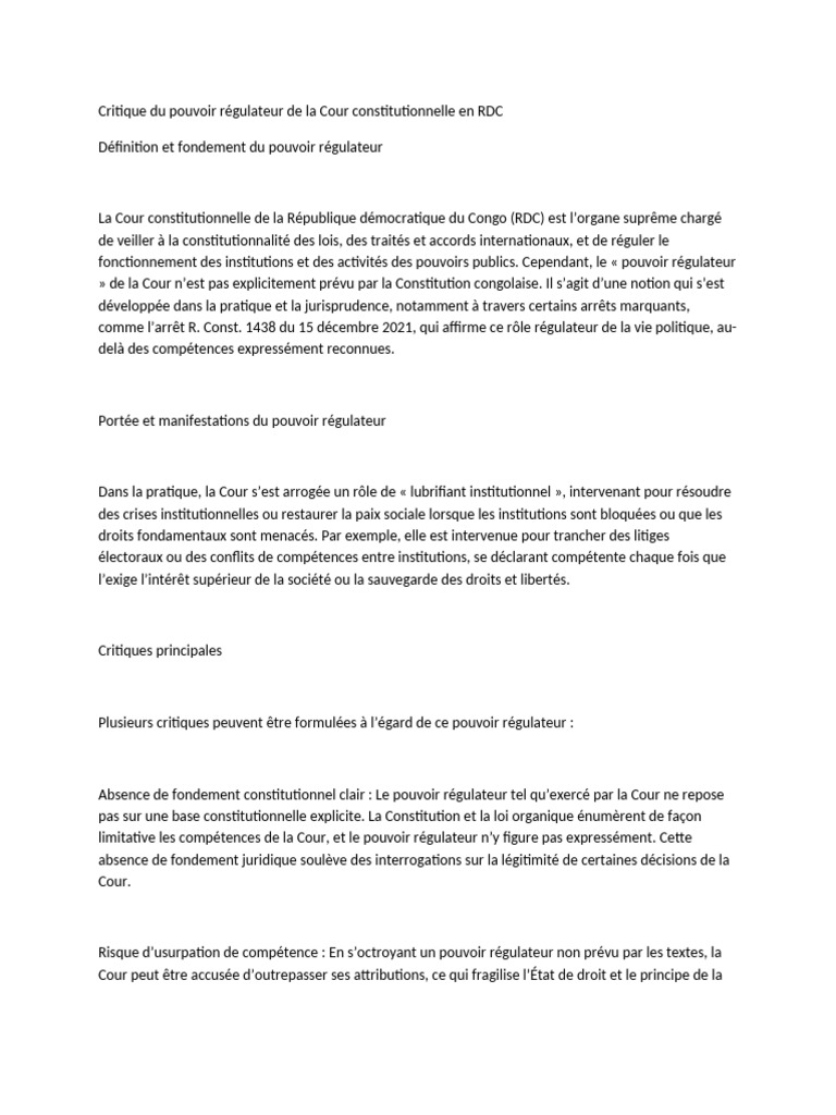 Critique du pouvoir régulateur en RDC | PDF | Constitution | Loi