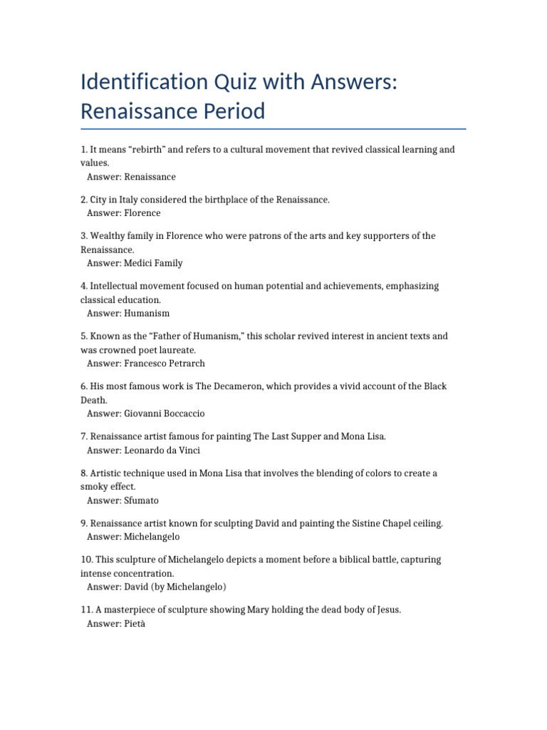 Identification Quiz With Answers Renaissance | PDF | Renaissance ...