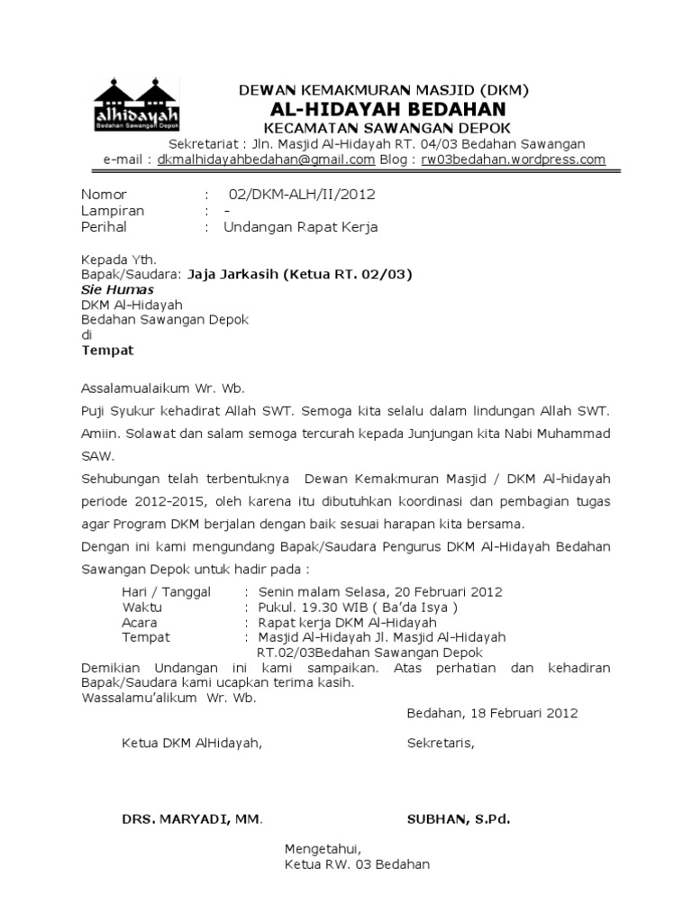 Contoh Surat Undangan Rapat Di Masjid  Terbaru Contoh Surat Undangan