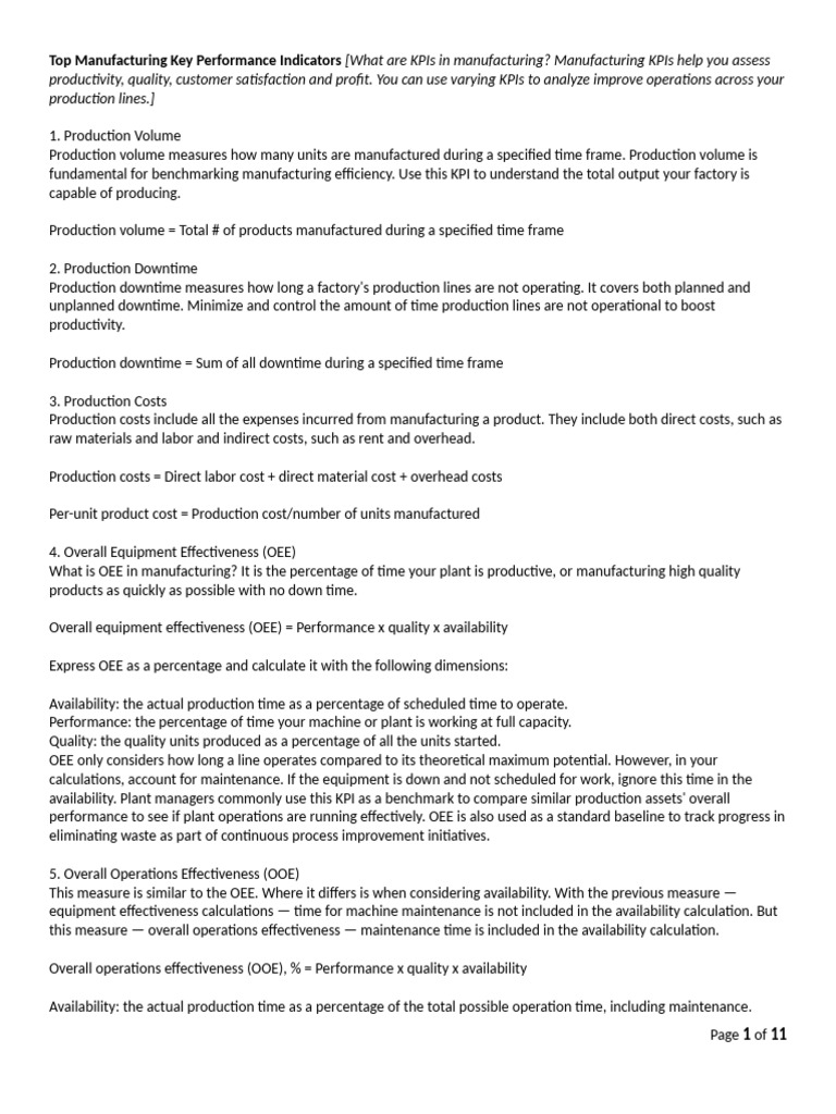 Top Manufacturing Key Performance Indicators | PDF | Performance ...