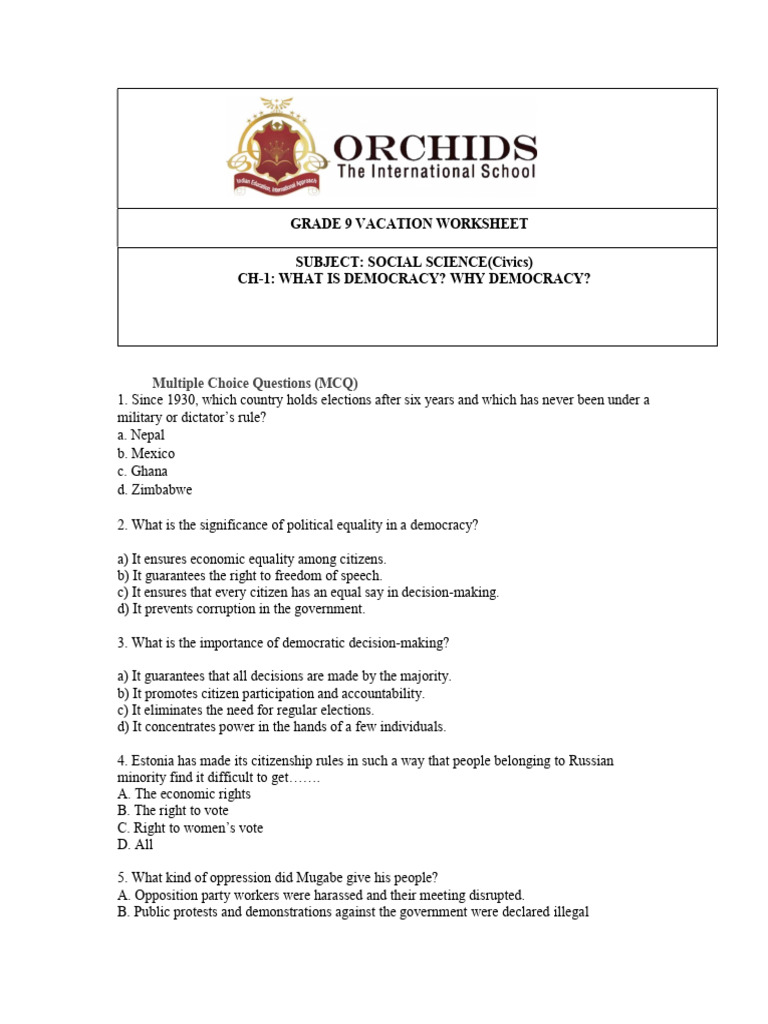 Grade 9 SST What Is Democracy and Why Democracy Worksheet | PDF ...