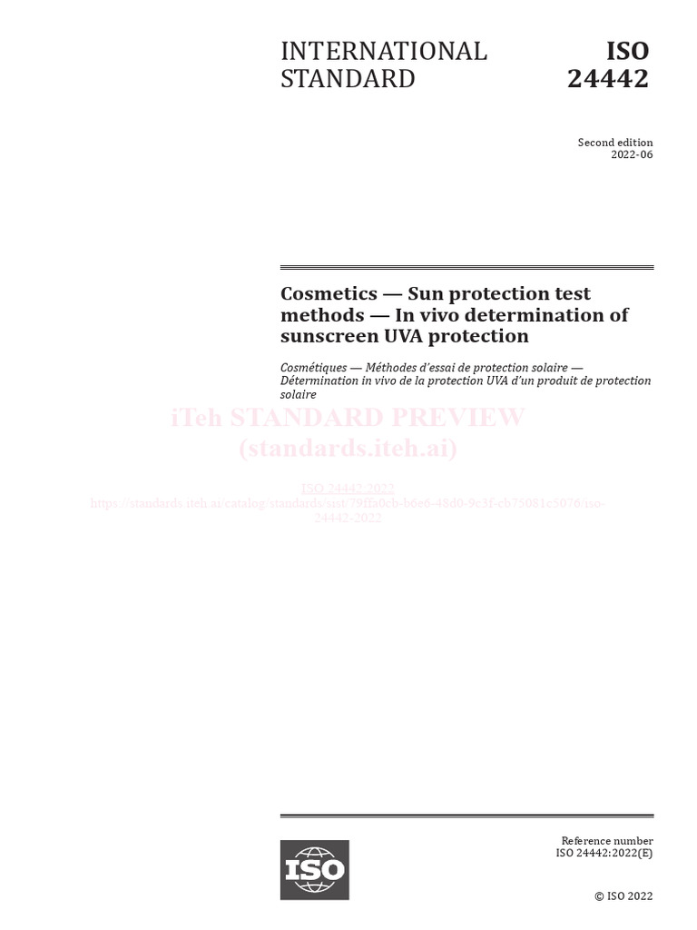 ISO 24442:2022 UVA Protection Methods | PDF | Sunscreen | Ultraviolet