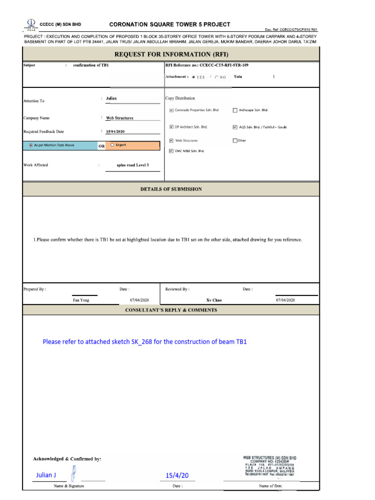SK - 268 RFI-STR-109 - TB1 Confirmation Spine Road L3 - Reply - 1 | PDF