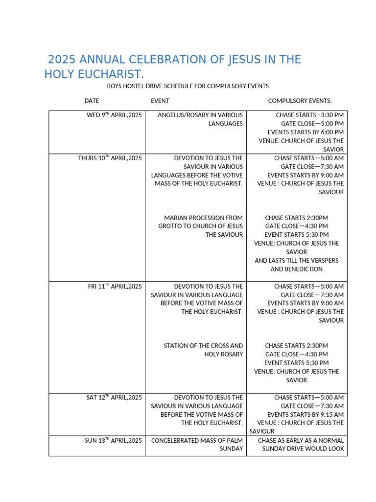 2025 Jesus Eucharist Celebration Schedule | PDF | Mass (Liturgy) | Jesus