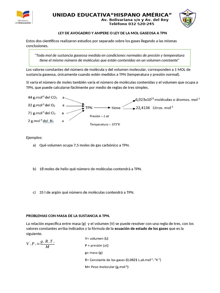 Ley de Avogadro | PDF | Mole (Unidad) | Gases