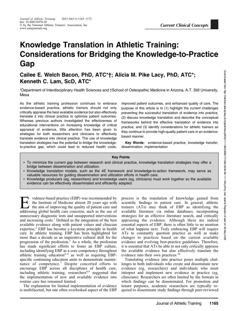 Knowledge Translation in Athletic Training | PDF | Evidence Based ...