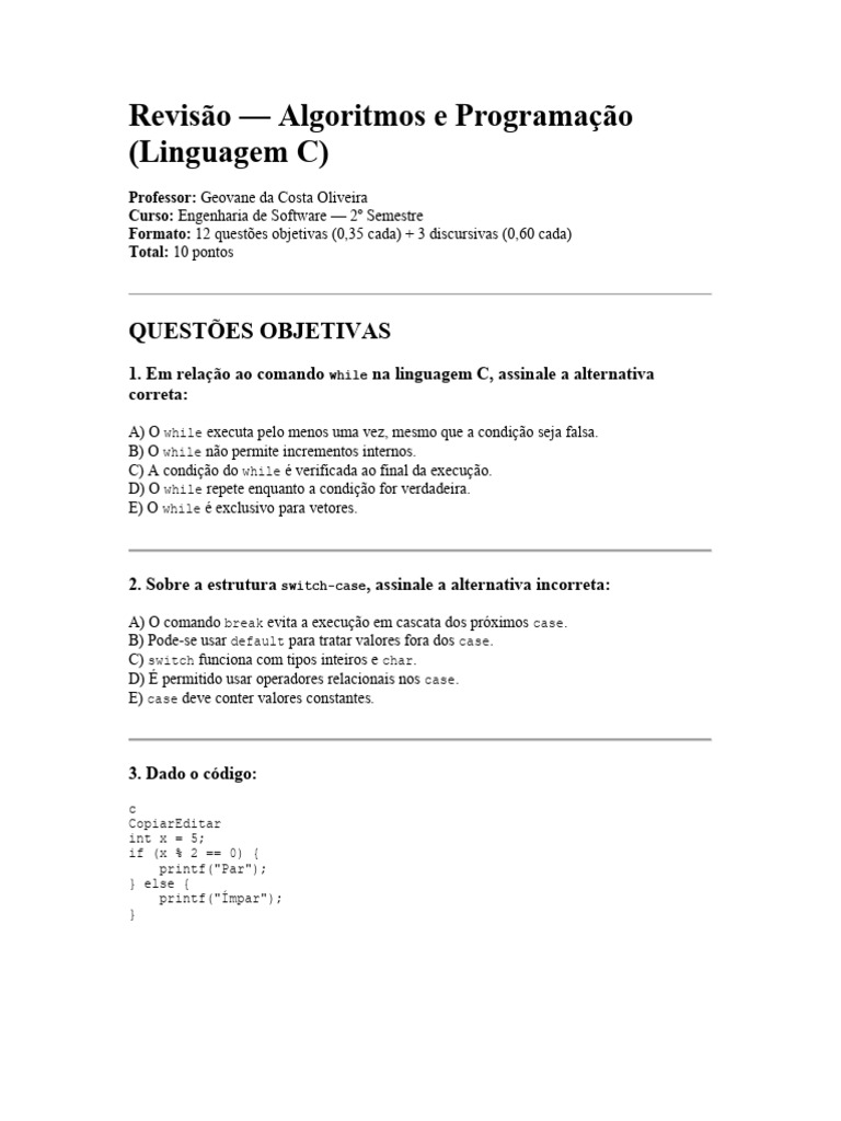 Revisão de Algoritmos em C: Questões e Respostas | PDF | C (linguagem ...
