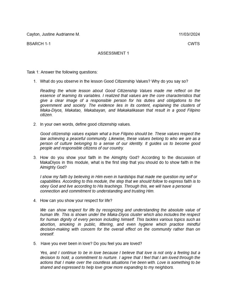 CWTS Assessment 1 | PDF | Love | Faith